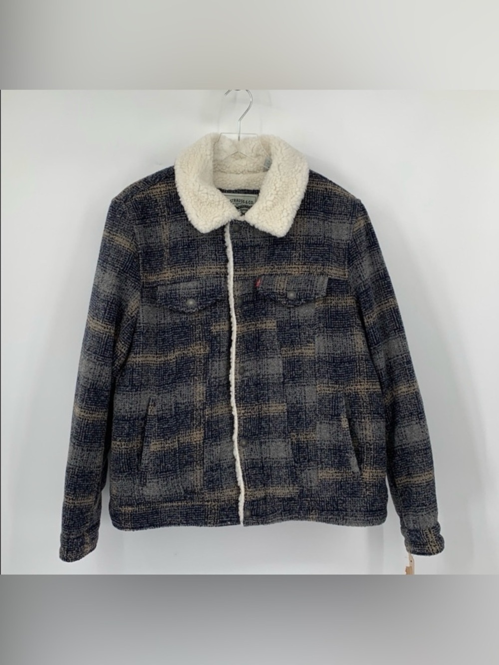 Levis Sherpa lined trucker jacket coat plaid blue gray faux shearling men new L